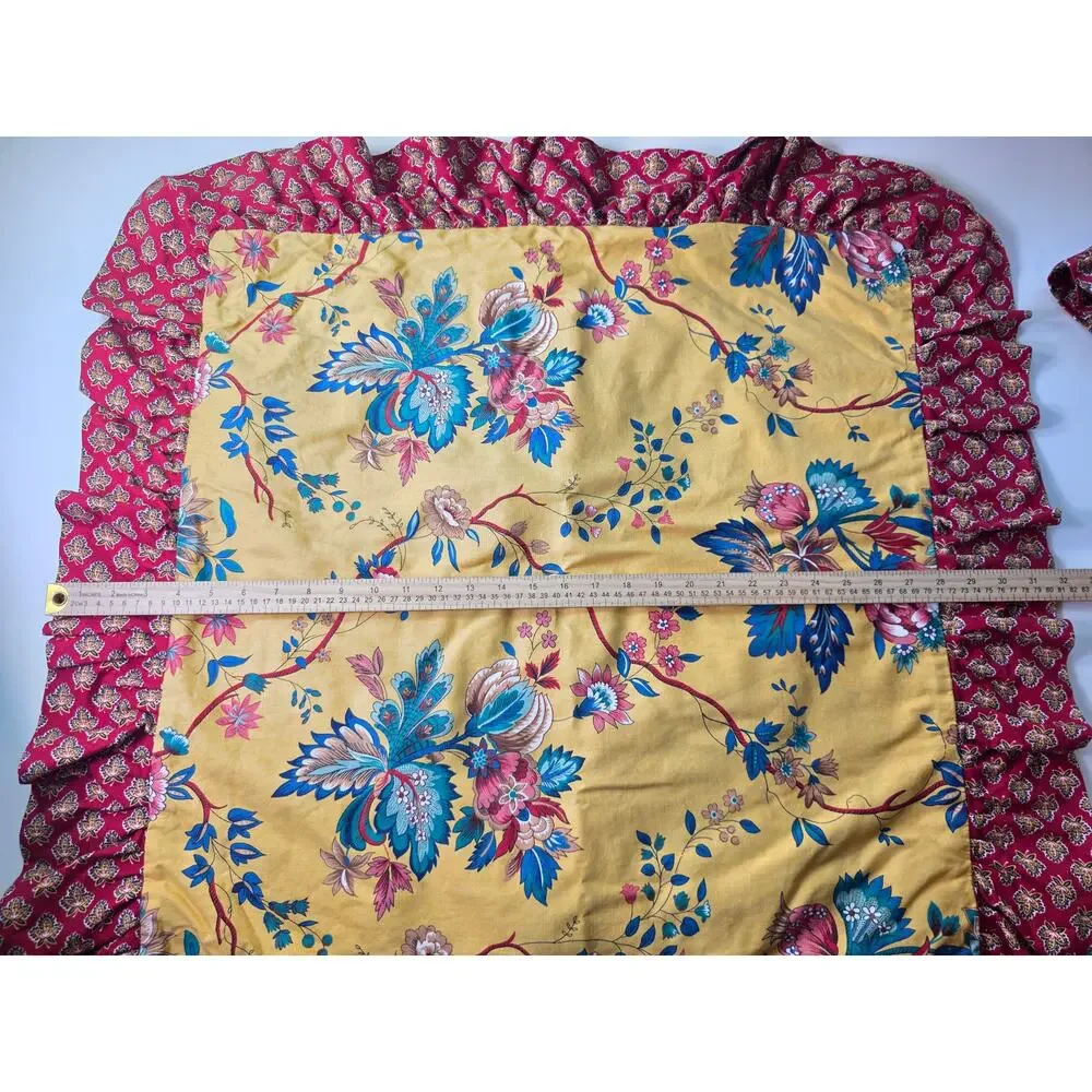 Yellow Blue Floral Red Fringe Lightweight Square 24x24 Euro Pillow Sham Set of 2